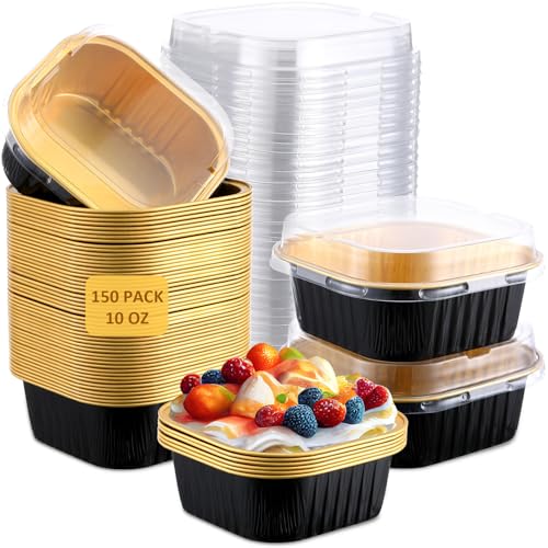 Aoriher 150 Pcs 10 oz Square Foil Cake Pans with Lids - color: Black, Gold