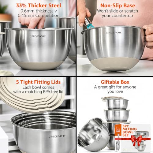 Priority Chef Premium Mixing Bowls With Lids Set, Airtight Lids, Thicker Stainless Steel, Non-Slip Base, 5 Nesting Steel Bowls for Kitchen, Large Prep Metal Bowl Set 1.5/2/3/4/5 Qt, Latte - color: Latte