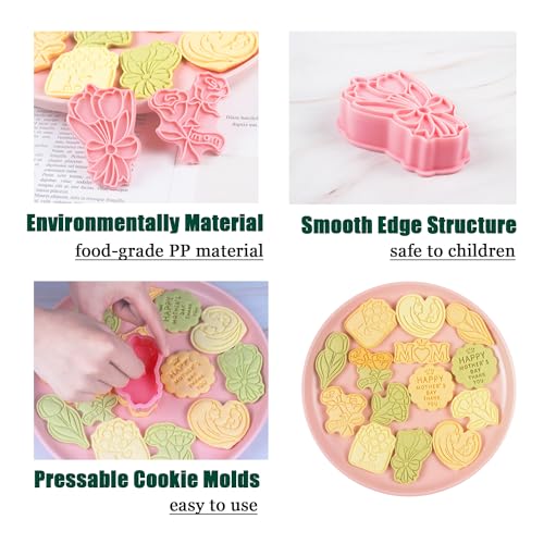 Mother‘s Day Cookie Cutters, 8Pcs 3D Plastic Cookie Molds Thank You Rose Tulip Shape Biscuit Cutters for Mother's Day or Birthday Party Baking Cutting Tool(E8) - color: E8