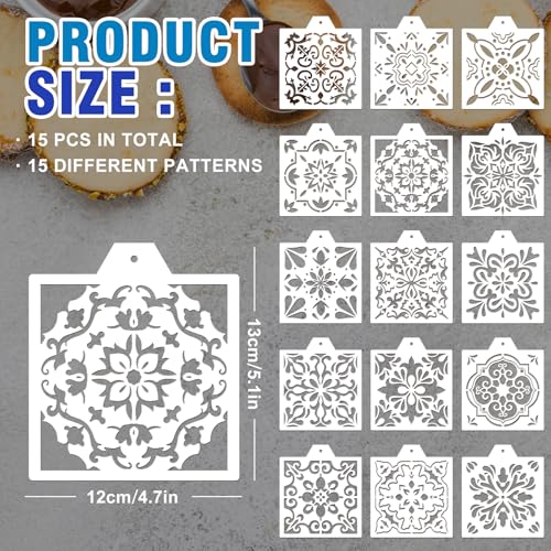 Whaline 15 Pcs Floral Tile Cookie Stencils Chinoiserie Toile Tiles Airbrush Painting Stencils with Bead Chain Decor Biscuit Coffee Cake Baking Reusable Templates for DIY Crafts Birthday Party - style: Tile