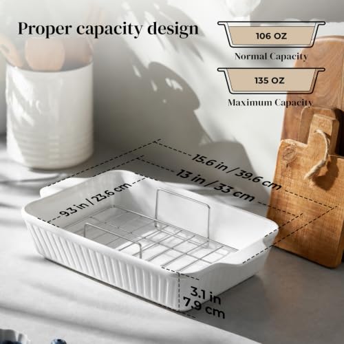 DOWAN 9x13'' Baking Dish with Handles Rack, Deep Ceramic Casserole Pan & Stainless Steel Roasting Rack for Oven, Chicken & Meat Resting, Ceramic Lasagna Pan, Dishwasher & Microwave Oven Safe-White - color: White