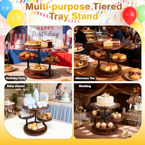 CMOOD 4 Tier Round Cupcake Tower Stand, Wooden Cupcake Stands for 50 Cupcakes, Rotatable Wood Dessert Display with Tiered Tray, Wooden Cake Tier Stand for Wedding Birthday Party Graduation