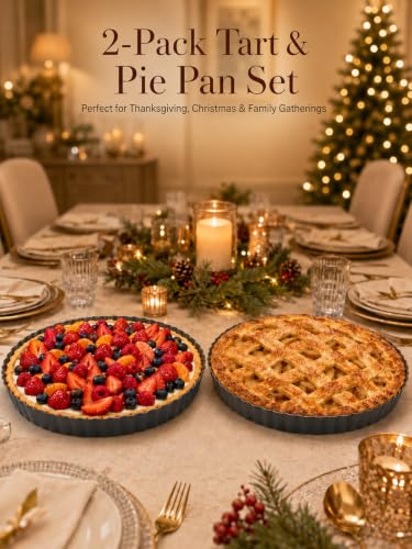 9 Inch Quiche Pans 2 Pack. Removable Bottom, Non-Stick Coating, Rugged Carbon Steel Baking Dish for Tart Quiche Pie. Metal Mold Gift for Women Wife Christmas Thanksgiving Party Festival Family - size: 9.45*1.2IN