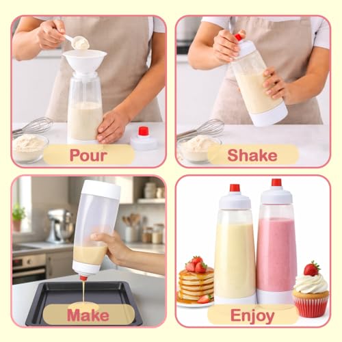2 Pack Pancake Batter Dispenser - 1000ml Batter Dispenser with Whisk Ball and Stand Base - Waffle Batter Dispenser for Crepes, Cup Cakes and Waffles