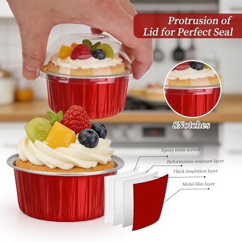 100-Pack 5 oz Red Mini Cake Pans with Lids, Disposable Aluminum Foil Baking Cups, Muffin Tins, Ramekins for Cupcakes, Brownies, Flan, Pudding - Christmas, Valentine‘s, Birthday Party Supplies - color: Red