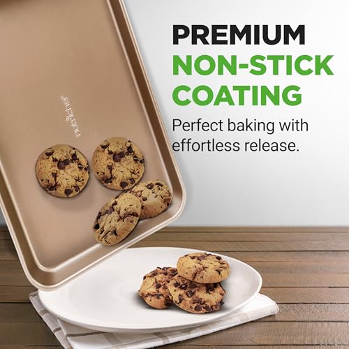 NutriChef 2-Piece Nonstick Stackable Cookie Sheet Set – Non-Toxic Carbon Steel Baking Pans – Heavy Duty, Warp-Resistant, Easy to Clean, Oven & Dishwasher Safe Bakeware - color: Champagne Gold