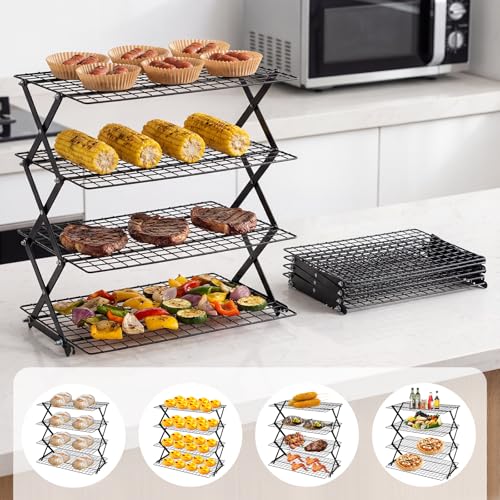 4-Tier Upgraded Collapsible Cooling Rack with Adjustable Setting Design,Cooking Drying Wire Cooling Rack for Baking, Cookies, Cake, Roasting, Grilling