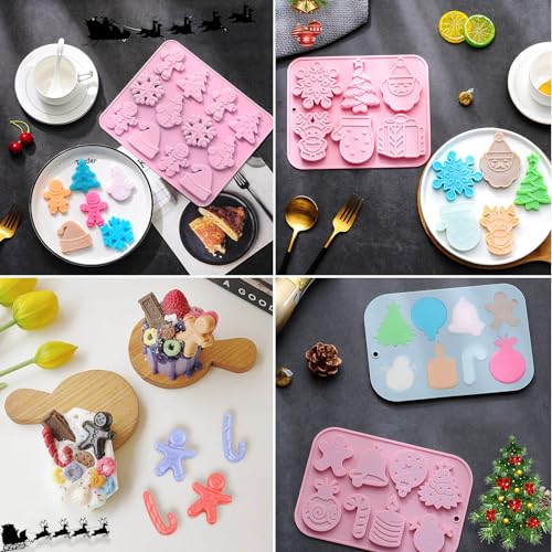 3PCS Christmas Silicone Cookie Molds, Xmas Chocolate Molds Holiday Gummy Candy Butter Mold Wax Melt Mold Christmas Tree Gingerbread Snowman Snowflakes Socks Bells Santa Hat Baking Mold (Xmas-Pink-B) - color: Xmas-Pink-B