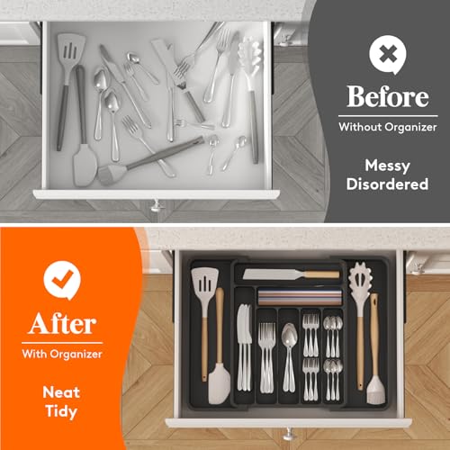Lifewit Expandable Silverware Drawer Organizer, Kitchen Utensil Tray - color: Black, size: Large Deep（11.8-19.6'W x 15''D）