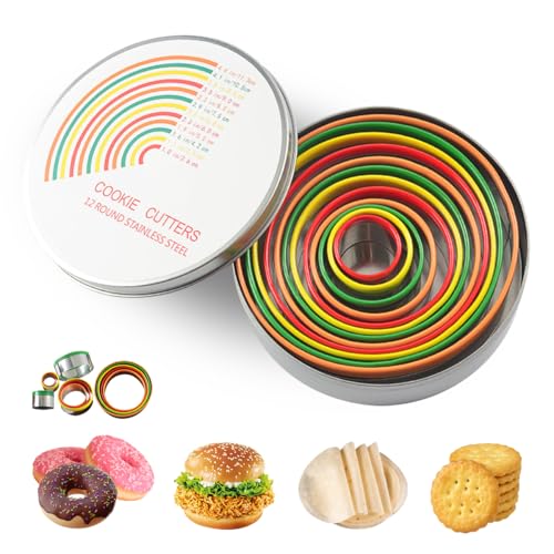 Round Cookie Biscuit Cutter Set,12 PCS Donut Cutter Round Cookie Cutter Set for Baking Doughnut,Clay,Scone,Pastry, Fondant Cutter Molds with Colorful Rubber Protective Case