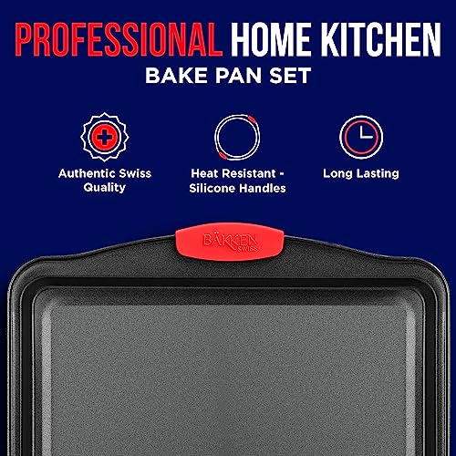 2 Piece Set Nonstick Carbon Steel Oven Bakeware -Professional Quality Kitchen Cooking Baking Trays -PFOA, PFOS, PTFE-Free Small & MediumBaking Sheet Pans with Red Silicone Handles - color: Black, size: Small & Medium