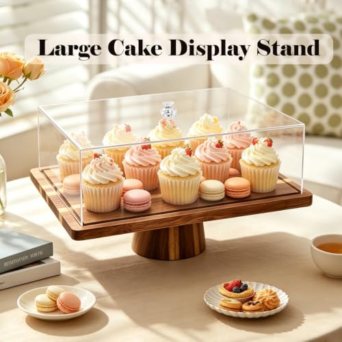 17" Acacia Wood Cake Stand with Lid, Rectangle Cake Stand,