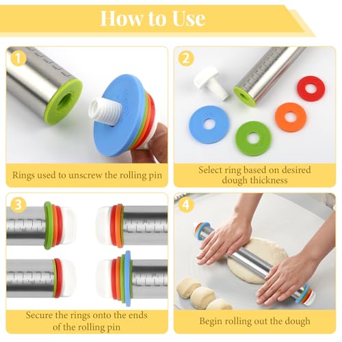 Adjustable Rolling Pin with 4 Thickness Rings for Baking, Cake Pop Roller