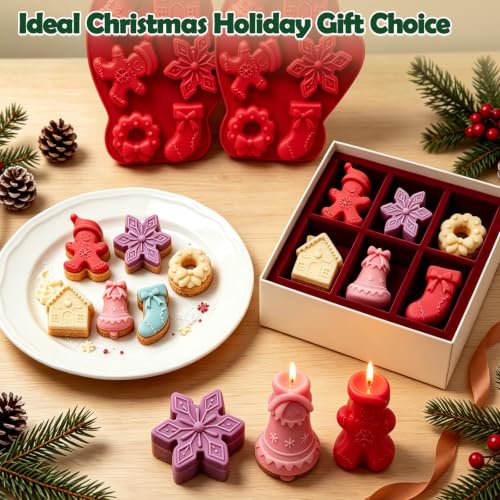 2 Pack Large Christmas Silicone Molds, Holiday Baking Molds for Chocolate Gingerbread Man House Bell Snowflake Wreath Stocking Silicone Mold for Candle Soap Mini Cake Jelly Ice Cube Xmas DIY Crafts - color: Red