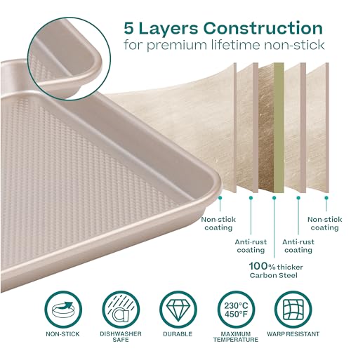 Baker's Secret Baking Sheet Pan Set, 2x Cookie Sheets for Oven 13.8x10', Diamond Texture Premium Air Flow Circulation, Baking Trays, Extra Thick 0.6mm Diamond Base PFOA, PFOS, PTFE and PFAS free - color: Champagne Gold, size: 2 Pack Quarter Sheet