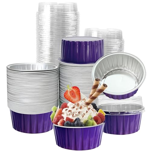 100Pcs Aluminum Cups with Lids,5oz Disposable Ramekin Baking Cups Muffin Liners Mini Pie Pans Foil Cupcake Containers for Christmas Party Wedding Party,Dark Purple - color: Dark Purple