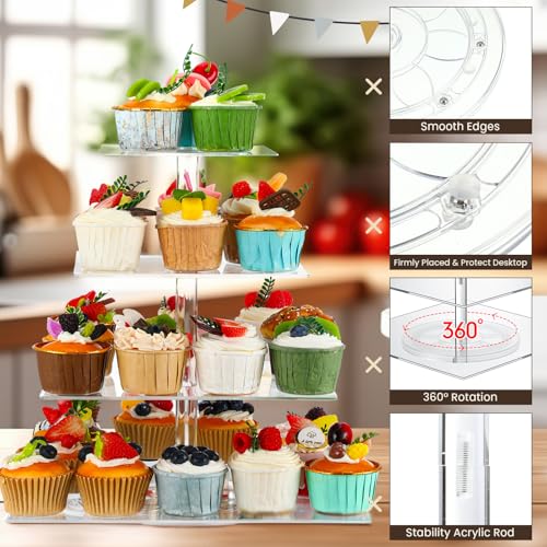 Tiered Cupcake Display Stand Rotatable Cake and Cupcake Tower Stand Combo Clear Acrylic Cake Holder with Tiered Tray for Dessert Pastry Birthday Wedding Party Table(4 Tire and Rectangle) - color: 4 Tire and Rectangle