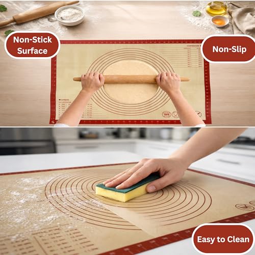 Silicone Pastry Mat with Measurements, 36 x 24 Inch Extra Thick Non-Slip Nonstick XL Baking Mat for Dough Rolling, Kneading, Fondant and Pie, Red - color: Red, size: 36"L x 24"W