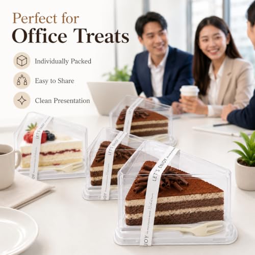 50 Pieces Cake Slice Plastic Containers with Disposable plastic fork and Stickers,5.7 Inches Hinged Lid Cheese cake Container,Cupcake containers,individual cupcake containers, Bakery and Cafe