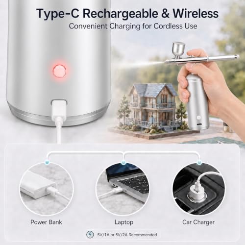 Cordless Airbrush Kit with Compressor, 48PSI Rechargeable Spray Gun Set, 0.3mm Nozzle & 2 Paint Cups (20cc/40cc) for Painting, Nail Art, Cake Decor, Makeup, Modeling