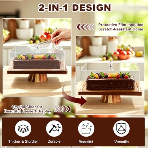 2-in-1 Acacia Wood Rectangular Cake Stand Lid Charcuterie Tray