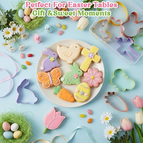 Yaocom 10 Pcs Multicolor Easter Cookie Cutter Set Large Bunny Cookie Cutter with Chick Carrot Egg Rabbit Holy Cross Daisy butterfly Shapes with Storage Box for Easter Spring Holiday Baking Gift - style: Easter Style