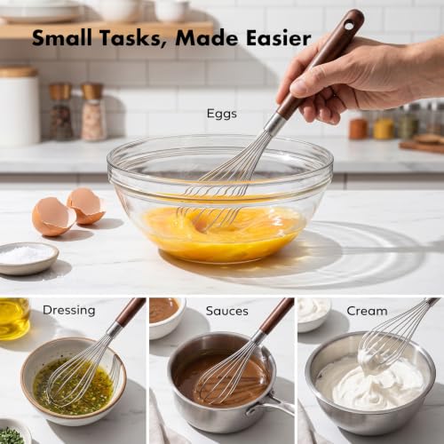 OYV Mini Whisk 10 Inch, 304 Stainless Steel Small Whisk with Walnut Handle - color: Walnut Brown