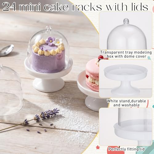 24 Pack Mini Cake Stand with Lid 3.15 x 1.97 Inch Tiny Cake Stand with Dome for Dessert Chocolate Candy Cupcake Plastic Container for Birthday Baby Shower Wedding and Tea Party Supplies
