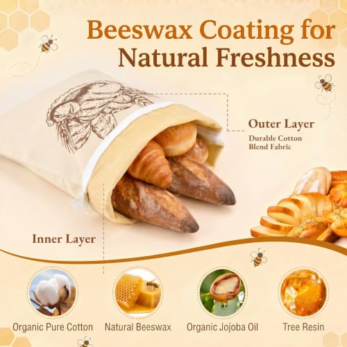 4-Pcs XL Beeswax Bread Bag Set: 2 Bags, Bowl Cover & Cleaning Sponge - color: Bread