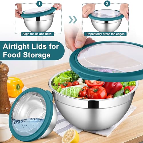 LIANYU 6 PCS Stainless Steel Mixing Bowls with Visible Lid for Food Storage - color: Dark Blue, style: Atlas Base with Visible Lids