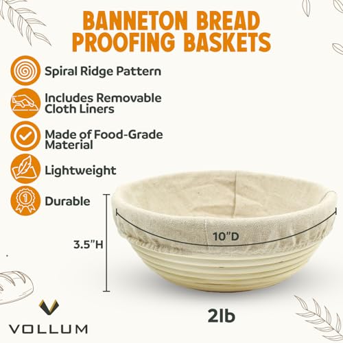 Vollum Banneton Bread Proofing Basket & Liner – Handmade Rustic Sourdough Bread Baking Supplies, Brotform Basket, Sour Dough Tools, Gifts for Bakers - Round - 10"D x 3.5"H - size: 10"D x 3.5"H, style: Round