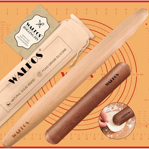 Walfos French Rolling Pin Set - Natural Wooden Rolling Pins (8inch, 15.7inch) With Non-stick Silicone Fiber Pastry Mat, Baking Dough Roller for Pizza, Pie, Pasta, Bread, Pastry - size: 8 in + 15.7 in + pastry mat