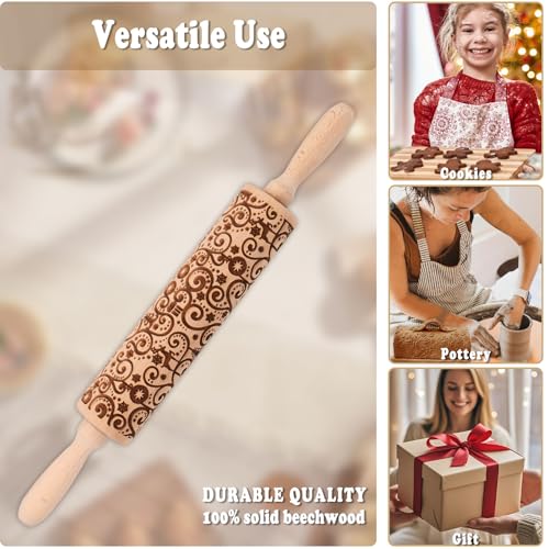 Floral Reindeer Embossed Rolling Pins for Cookies, Wooden Engraved Rolling Pin for Baking, Embossing Rolling Pin with Design, Patterned Rolling Pin Decorative Springerle Mold Stamp Clay Pattern Roller - color: Floral Reindeer