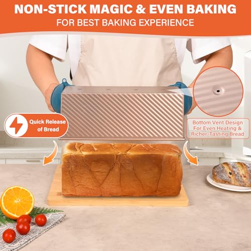 Pullman Loaf Pan with Lid 13x4 Inch, 2.2lb Dough Capacity for Homemade Bread, Non-stick Corrugated Carbon Steel Bread Toast Box with Cover for Bakeware, Sandwich & Toast Oven Baking, Gold - size: 2.2 lb
