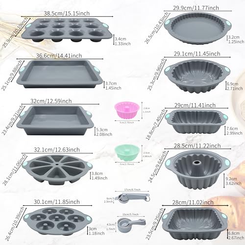 To encounter 51 Piece Silicone Baking Pan Set, Non-Stick Bakeware Set with Baking Pans, Reusable Donut Mold, Food-Grade Silicone Molds for Cakes, Cookies, Muffins, Bread, Light Grey - size: 51 Pcs Bakeware Sets