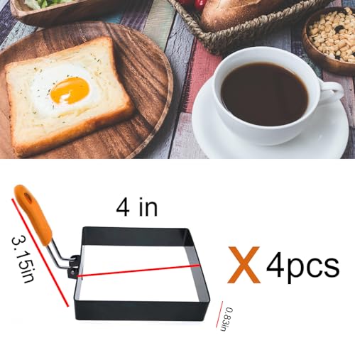 Large 4 Pcs 4 Inch Sqaure Egg Ring for Griddle Frying Egg,4" Non-stick Stainless Steel Square Egg Mold,Square Omelet Ring Pancake Mold Maker With Silicone Insulated Handle Oil Brush & Egg Separator - size: 4 Pieces Square 4 Inch