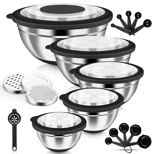 HaWare Stainless Steel Mixing Bowls with Airtight Clear Lids, 24PCS, Black - color: Black