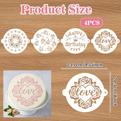 4Pcs Happy Birthday Cake Stencil, Patterns Hearts Floral for Baking