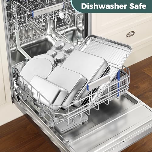 E-far 12-Piece Bakeware Sets, Stainless Steel Baking Pan Set Includes Cookie Sheet, Round Square Rectangle Cake Pans with Lids, Multi-Functional for Loaf Muffin Pizza, Non-toxic & Dishwasher Safe - size: 12-Piece Set