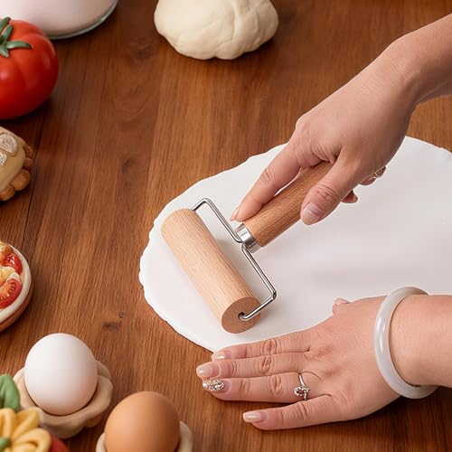 Wooden Dough Roller Large Single Wheel Handheld Rolling Pin for Pastry Pizza Baking Handmade Beechwood Kitchen Tool(6.49 x 4.72Inch) - size: 6.49 x 4.72Inch