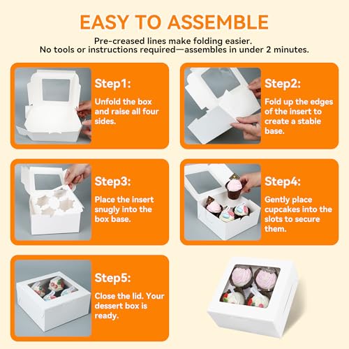50-Set Cupcake Boxes Bulk with Clear Display Window Hold 4 Standard Cupcakes, Disposable Food Grade White Cupcake Carrier Cupcake Container, Perfect for Cupcakes Muffins Cookies Pastries
