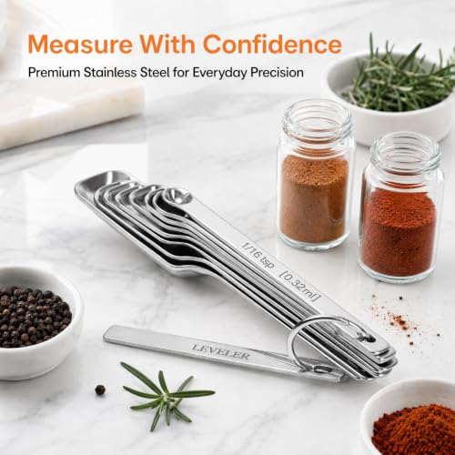 Stainless Steel Measuring Spoons Set of 13, Includes 7 Rectangular Measuring Spoons, 1 Leveler & 5 Tiny Spoons, Compact Spoons Design for Spice Jars, Ideal for Dry and Liquid Ingredients - size: Set of 13