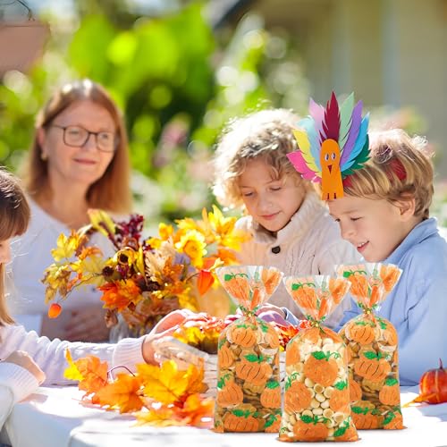 peony man 120 Pcs Fall Cellophane Treat Bags Fall Pumpkin Candy Bags Glitter Autumn Plastic Goodie Treat Bag Clear Thanksgiving Gift Bag with Twist Ties for Autumn Harvest Thanksgiving Party Supplies