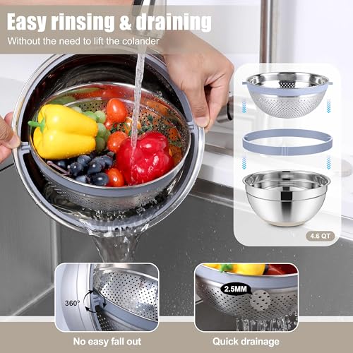 E-far Stainless Steel Mixing Bowls with Lids & Colander, 15PCS - color: Khaki