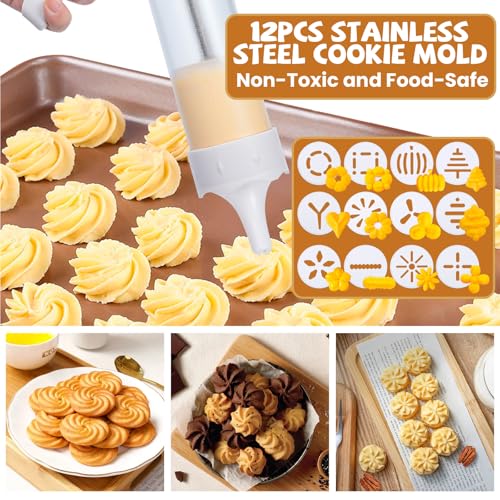 Cookie Press Gun White - Spritz Cookie Press Kit with 12 Discs & 6 Piping Tips | Perfect for Thanksgiving Christmas, Baking & Cake Decorating