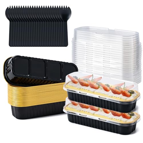 Mini Loaf Pans with Lids and Spoons, Rectangle Cake Pans, Baking Containers - color: Black/Gold