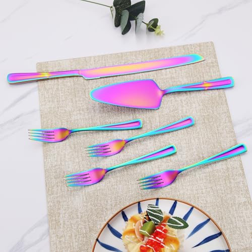 GoGeiLi Stainless Steel Rainbow Wedding Cake Cutting Set with Forks - color: Rainbow cake cutting set