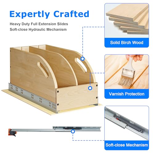 WelFurGeer Birchwood Pot and Pan Organizer with Soft-Close Drawer, Pull Out Cabinet Organizer, Heavy-Duty Slide-Out Storage for Baking Sheets, Cutting Boards, and Kitchen Utensils - size: 10"W X 21"D