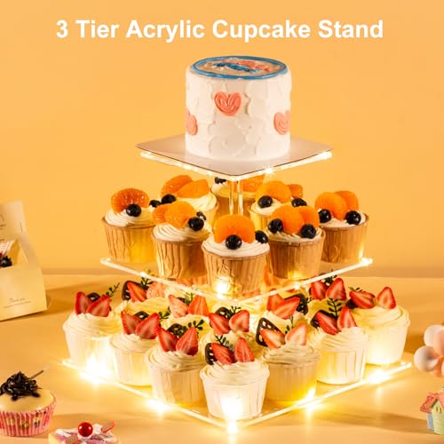 HENABLE 3 Tier Cupcake Stand Cupcake Holder, Acrylic Cupcake Tower with LED Yellow Light for 24 Cupcakes, Dessert Table Display Set for Birthday, Bar, Decor Weddings, Parties Events (Pack of 2) - size: 3 Tire square (Pack of 2)