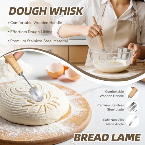 Kikcoin 9" & 10" Banneton Bread Proofing Basket Set, Round Banneton Basket for Sourdough Baking, Baking Supplies with Linen Liner, Bread Lame & Dough Whisk, Sourdough Proofing Tools - size: 9" Round & 10" Round